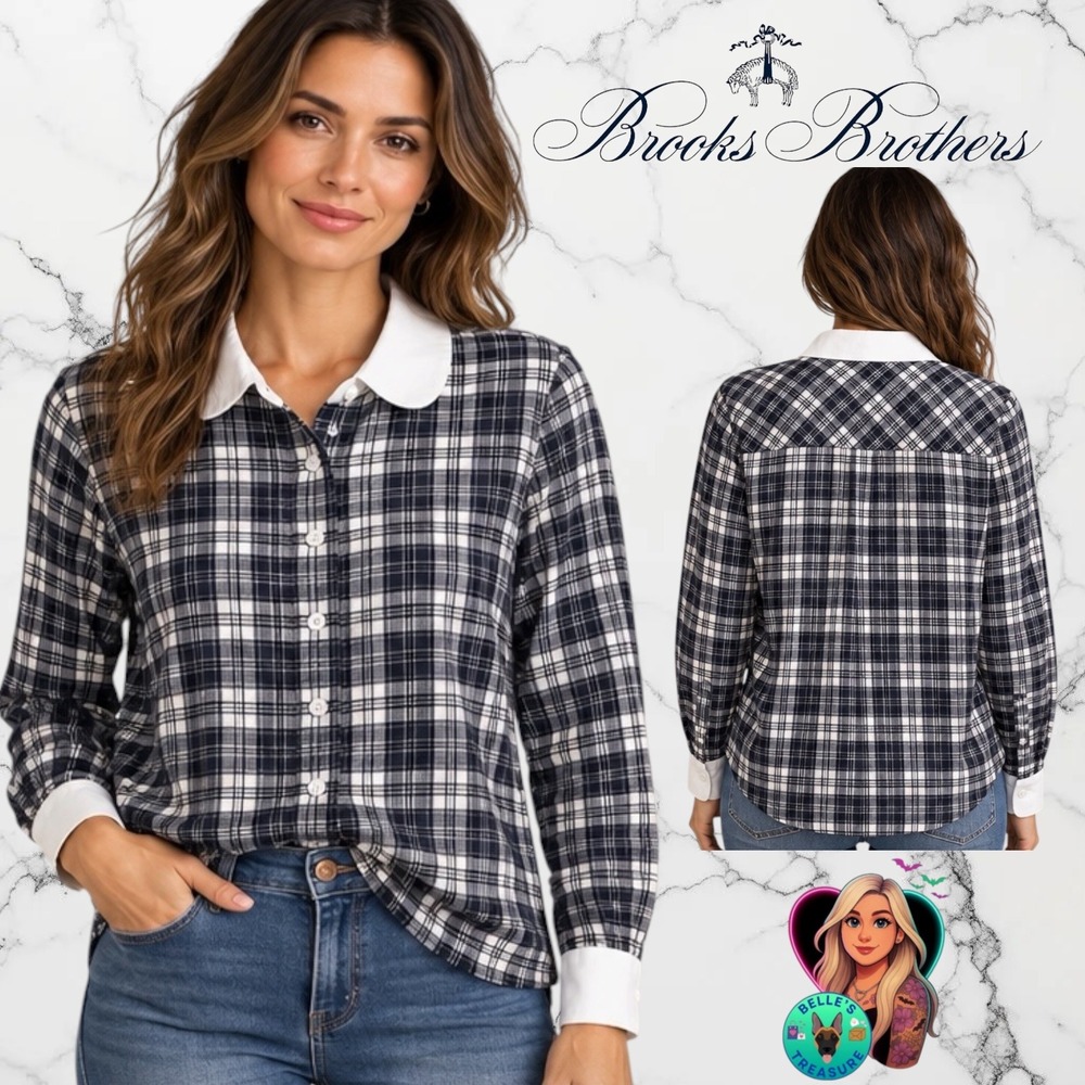 Brooks Brothers Navy White Flannel Plaid Cotton Shirt Peter Pan Collar Womens 12